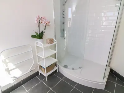 a bathroom with a shower with a vase of flowers at Shorefields One in Morecambe
