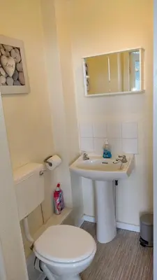 a bathroom with a white toilet and a sink at The Kathrene in Fleetwood