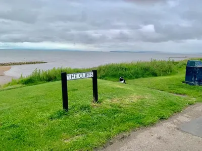 a sign that says the cliffs with a dog in the grass at HomeStay In The Bay By The Beach in Heysham