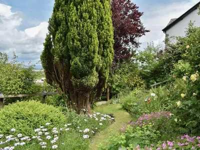 a large tree in the middle of a garden at Underhill Cottage in Arnside