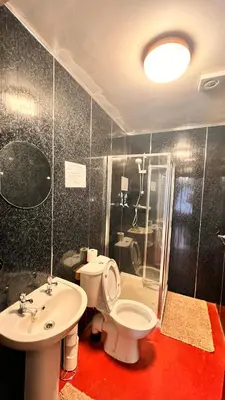 a bathroom with a toilet and a sink and a shower at Castle Lodge Guest House 86-88 Sheil Rd L6 3AF in Liverpool