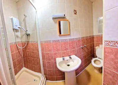a bathroom with a shower and a sink and a toilet at The Albany hotel in Blackpool