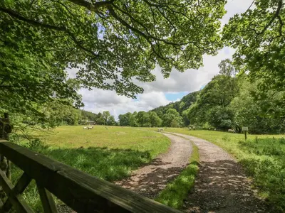 a dirt road in a field with a fence at Spens Farm Cottage in Lancaster