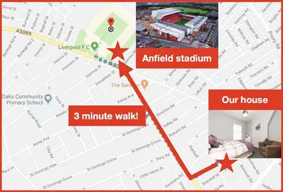 a map of our house and our house minute walk at Cosy Anfield Guesthouse - Close to Stadium & City in Liverpool