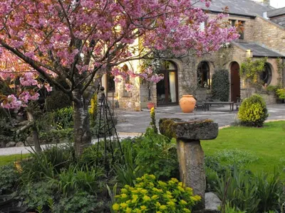 a garden with a tree with pink flowers in front of a building at Whitmore in Lancaster