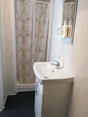 a bathroom with a sink and a shower at Birchhouse in Blackpool