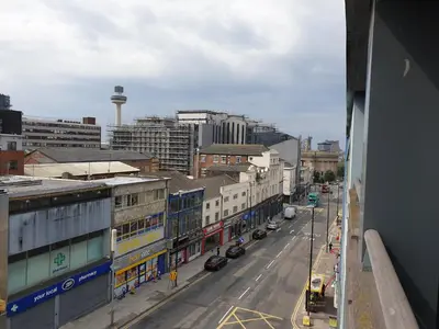 a view of a city street with cars and buildings at Shandon Apt premium Liverpool City Centre in Liverpool