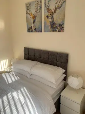 a bedroom with a bed with two deer paintings on the wall at Smeaton serviced Accommodation in Liverpool