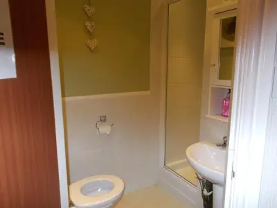 a bathroom with a shower and a toilet and a sink at Delamere Hotel in Blackpool