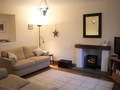 a living room with a couch and a fireplace at Bell Hill Cottage in Lindale