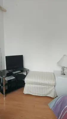 a living room with a couch and a television at Spacious Double Room in Anfield in Liverpool