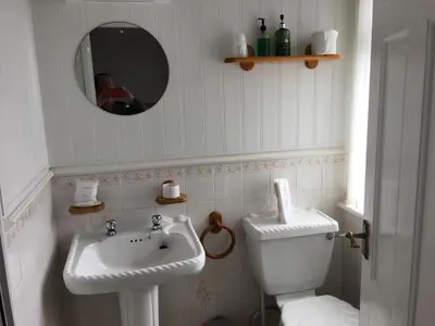 a bathroom with a toilet and a sink and a mirror at Kingscliff in Blackpool