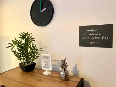 a clock on a wall with two plants on a table at BELMONT Apartments in Liverpool