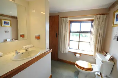a bathroom with a sink and a toilet and a window at Green Bank Farmhouse in Lancaster