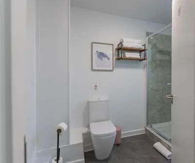 a white bathroom with a toilet and a shower at City Haven Preston in Preston