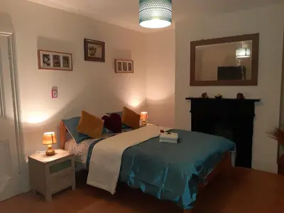 a bedroom with a bed and a fireplace and a mirror at Phoenix Nights Guest House in Barrow in Furness