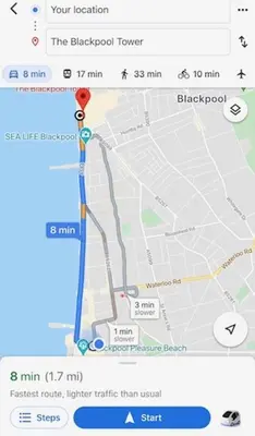 a screenshot of a google map with a red marker at 2 Bedrooms Sleeps 7 Near Top Blackpool Attractions in Blackpool