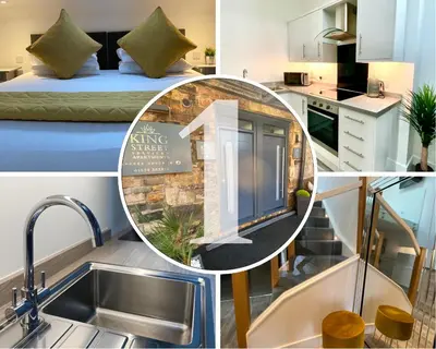 a collage of photos with a kitchen and a sink at King Street Serviced Apartments in Lancaster