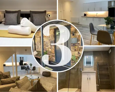a collage of photos of a living room and a kitchen at King Street Serviced Apartments in Lancaster