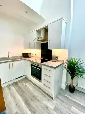 a kitchen with white cabinets and a potted plant at King Street Serviced Apartments in Lancaster