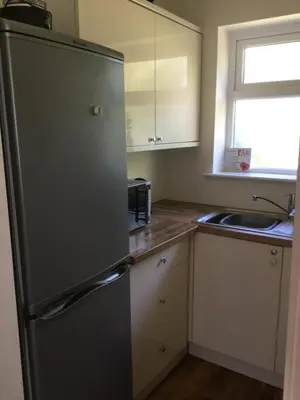 a kitchen with a refrigerator and a sink at Grooms cottage in Thornton