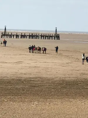 a group of people walking on a beach with a pier at Beach Cottage in Lytham St Annes