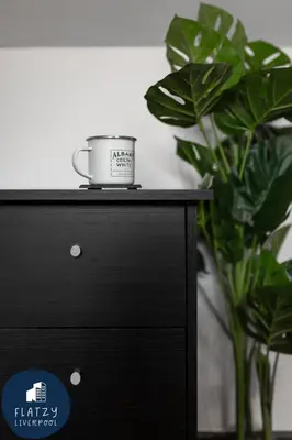 a black dresser with a pot on it next to a plant at FLATZY - Victoria Street Apartment - Heart of City Centre in Liverpool