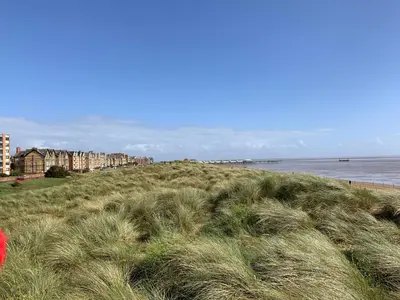 a field of tall grass next to a beach at Beach Shore - SEA VIEWS in Lytham St Annes