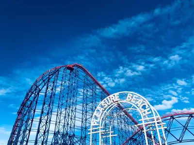 two roller coaster rides with a blue sky in the background at Kensington Suite Sasco Apartments in Blackpool