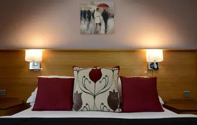 a bedroom with a bed with two red pillows at The Birley Arms Hotel in Preston