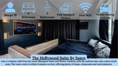 a poster of a bedroom with a bed and a tv at Hollywood Suite Sasco Apartments in Blackpool