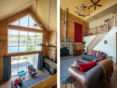 two pictures of a living room with a fireplace at Casa Loma in Carnforth