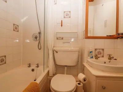 a bathroom with a toilet and a sink and a shower at Lazey Cottage in Millom
