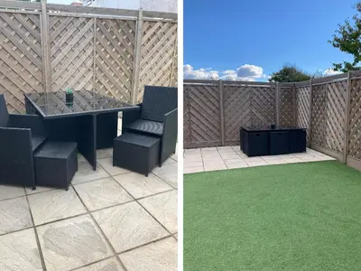 a patio with a table and chairs and a green lawn at 23 Ryden Avenue in Cleveleys