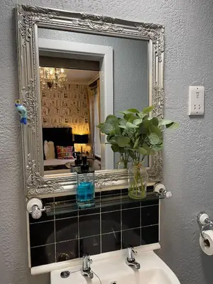 a bathroom sink with a mirror and a vase with a plant at Delovely Hotel in Blackpool
