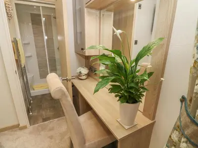 a bathroom with a counter with a plant on it at Lancaster Lodge in Carnforth