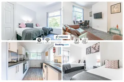 a collage of photos of a bedroom and a living room at Spacious 3 BR House in PR6 Free Parking & WiFi Sleeps 6 in Chorley