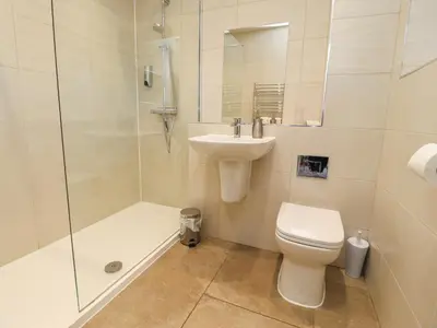 a bathroom with a toilet and a sink and a shower at Hill Brook Barn in Clitheroe