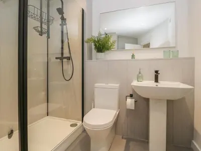 a bathroom with a toilet and a sink and a shower at Woodland Lodge in Grange Over Sands