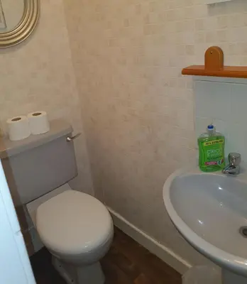 a bathroom with a toilet and a sink at The Rutlands in Blackpool