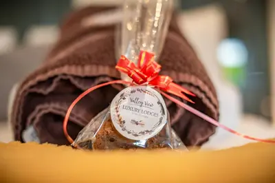 a close up of a piece of food with a tag on it at Valley View Lodge Sleeps 8 with Hot Tub in Preston