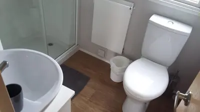 a bathroom with a white toilet and a shower at KINGDOM HOLIDAY PARK in Haverigg