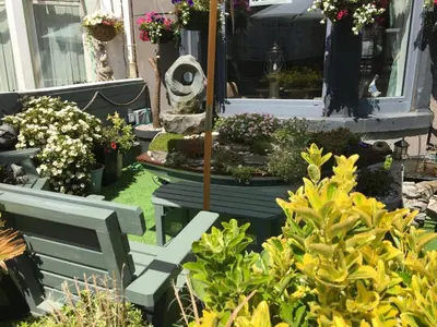 a garden with benches and flowers in a yard at The Glenroy Guest House in Blackpool