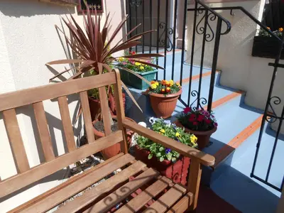 a staircase with potted plants and a wooden bench at Shirley Heights Hotel in Blackpool