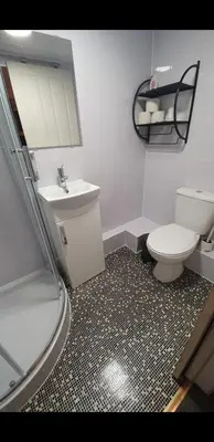 a bathroom with a white toilet and a sink at Langroyd Hotel in Blackpool