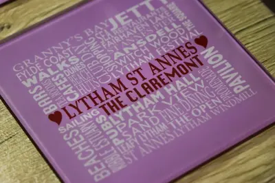 a purple box with words on it on a table at The Claremont in Lytham St Annes