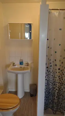 a bathroom with a sink and a shower curtain at The Kathrene Second Floor Sea View in Fleetwood