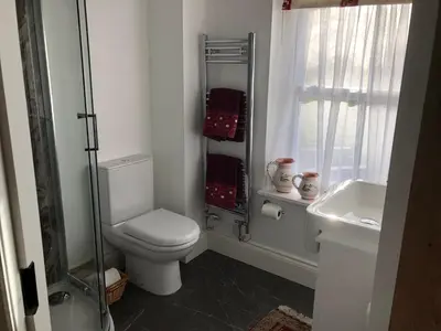a bathroom with a toilet and a sink and a window at Picket Post House Accommodation in Catterall