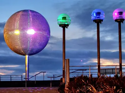 a group of three spheres with lights on them at Tiffy's Place in Blackpool