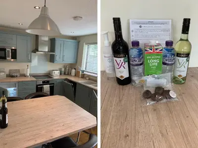 two pictures of a kitchen with wine bottles and a table at Seashells Cottage in Lytham St Annes